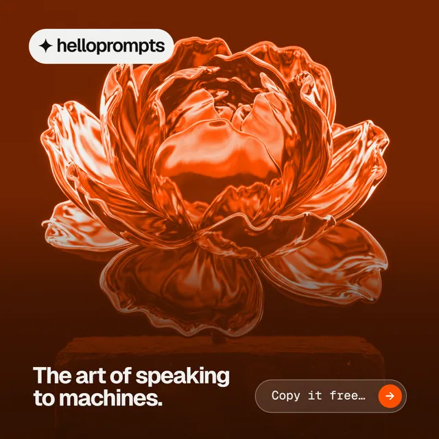 Instagram post for HelloPrompts: "The art of speaking to machines." Agentic glass style, image led layout, dark palette in orange, black.
