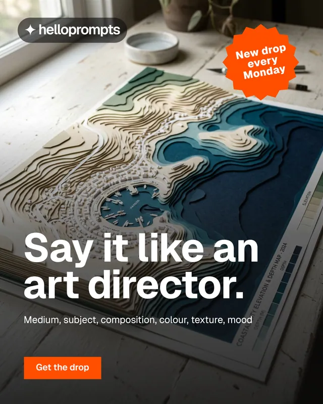 Instagram portrait post for HelloPrompts: "Say it like an art director." Swiss style, sticker layout, dark palette in black, grey, orange.