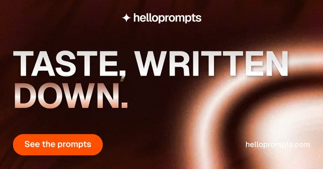 Social ad for HelloPrompts: "Taste, written down." Y2K style, poster layout, dark palette in orange, black.