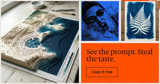 Social ad for HelloPrompts: "See the prompt. Steal the taste." Editorial style, collage layout, light palette in blue, orange, grey.
