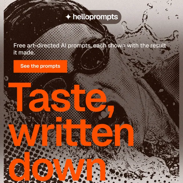 Instagram post for HelloPrompts: "See the prompt. Steal the taste." Swiss style, oversized layout, dark palette in orange, brown, grey.