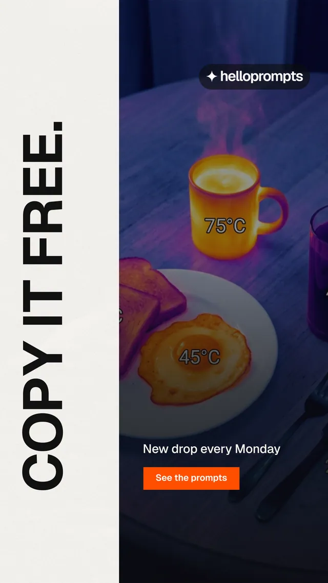 Instagram story for HelloPrompts: "Copy it free." Swiss style, vertical layout, dark palette in blue, white, black.