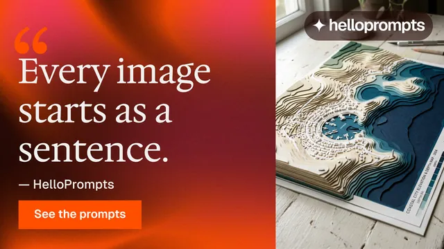 Landscape graphic for HelloPrompts: "Taste, written down." Swiss style, quote layout, dark palette in grey, red.