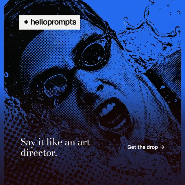 Instagram post for HelloPrompts: "Say it like an art director." Minimal luxury style, image led layout, dark palette in blue, black, purple.