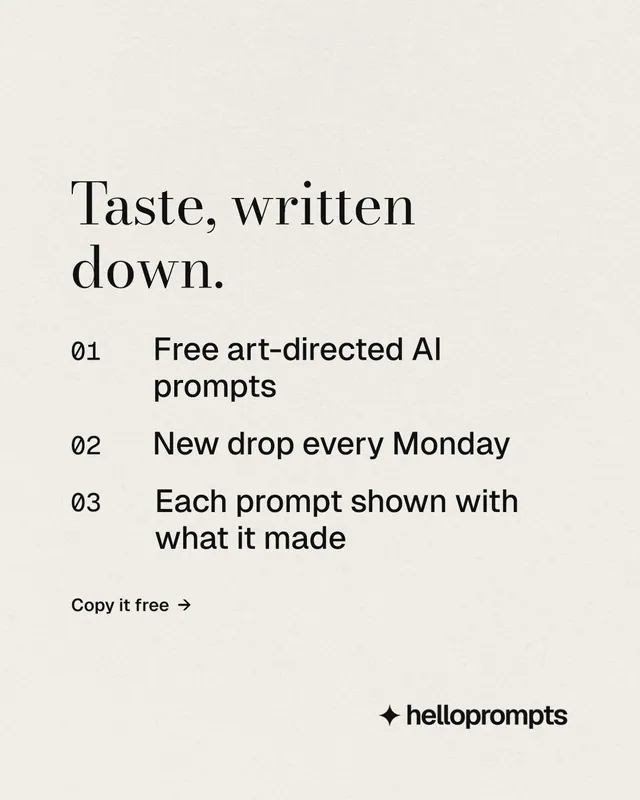 Instagram portrait post for HelloPrompts: "Taste, written down." Minimal luxury style, numbered layout, light palette in yellow, grey, orange.