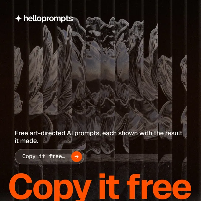 Instagram post for HelloPrompts: "Every image starts as a sentence." Agentic glass style, oversized layout, dark palette in orange, black.