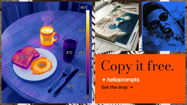 Landscape graphic for HelloPrompts: "Copy it free." Minimal luxury style, collage layout, dark palette in blue, red, orange.