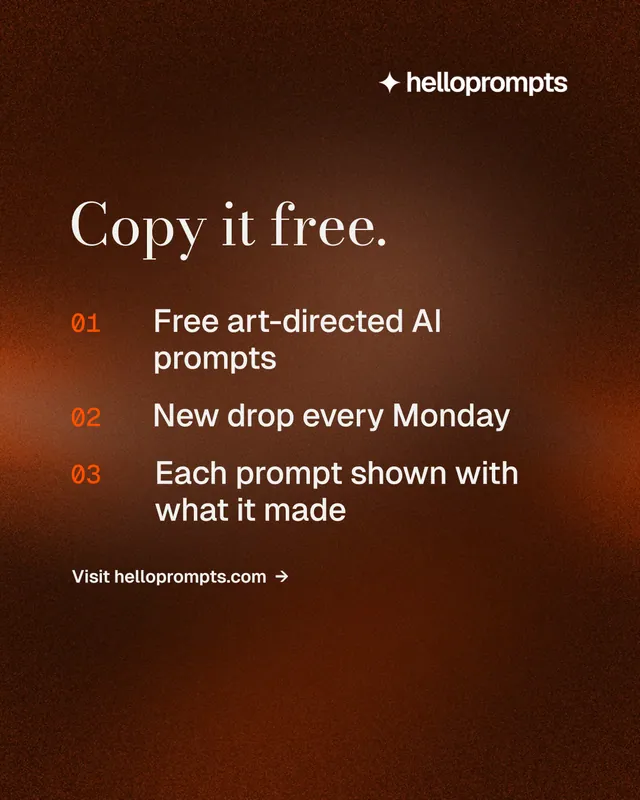 Instagram portrait post for HelloPrompts: "Copy it free." Minimal luxury style, numbered layout, dark palette in black, orange, brown.
