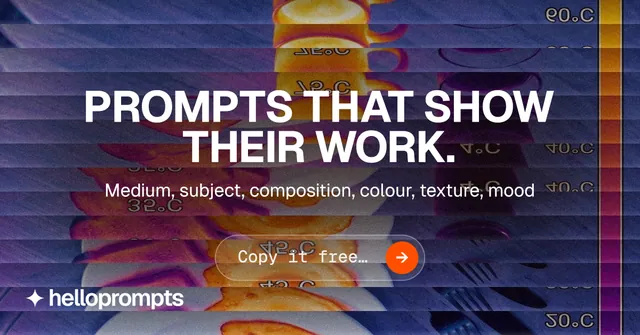 Social ad for HelloPrompts: "Prompts that show their work." Agentic glass style, centred layout, dark palette in blue, grey, pink.