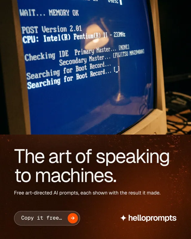 Instagram portrait post for HelloPrompts: "The art of speaking to machines." Agentic glass style, bottom layout, dark palette in blue, black, grey.