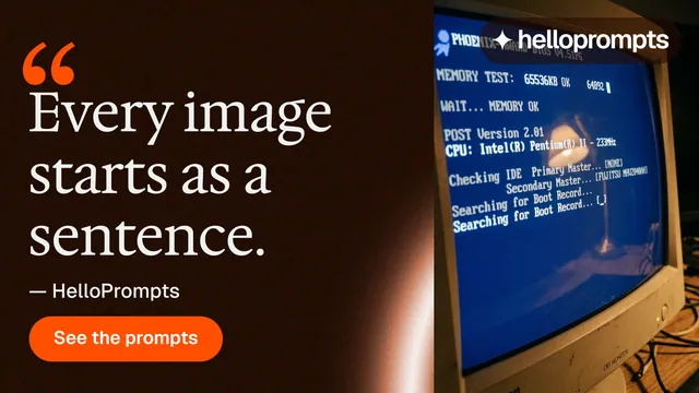 Landscape graphic for HelloPrompts: "Copy it free." Y2K style, quote layout, dark palette in black, blue, orange.