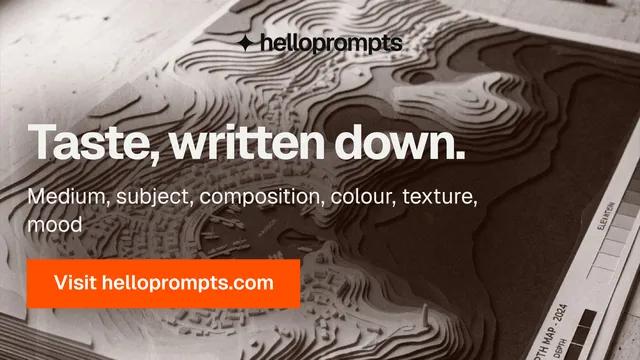 Landscape graphic for HelloPrompts: "Taste, written down." Swiss style, skeleton layout, dark palette in orange, grey, white.