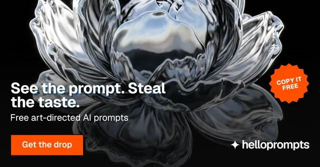 Social ad for HelloPrompts: "See the prompt. Steal the taste." Brutalist style, sticker layout, dark palette in black, grey.