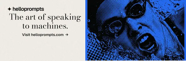 X header for HelloPrompts: "The art of speaking to machines." Minimal luxury style, skeleton layout, light palette in yellow, blue, black.