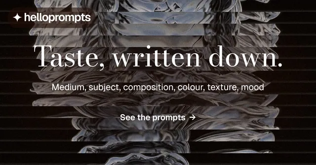 Social ad for HelloPrompts: "Taste, written down." Minimal luxury style, centred layout, dark palette in black, grey.