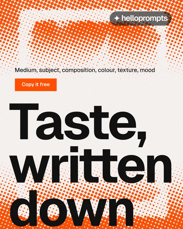 Instagram portrait post for HelloPrompts: "The sentence behind the image." Retro print style, oversized layout, light palette in orange, white.