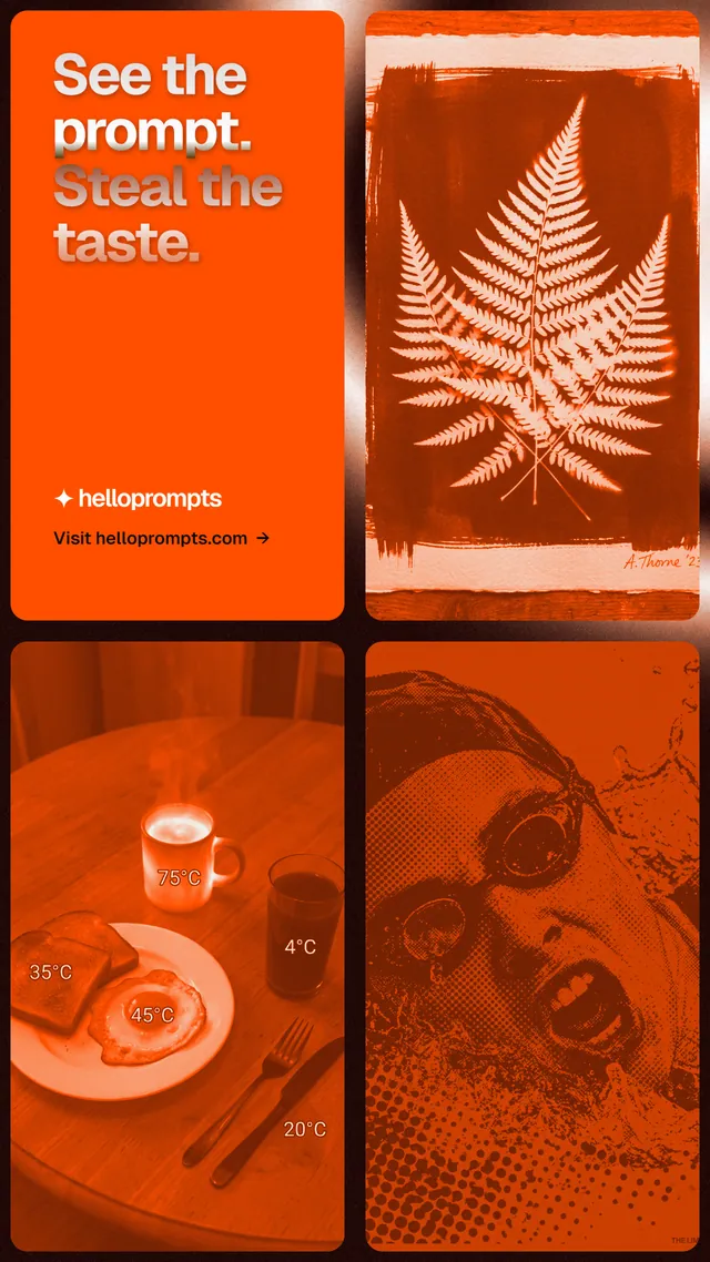 Instagram story for HelloPrompts: "See the prompt. Steal the taste." Agentic glass style, collage layout, dark palette in orange.