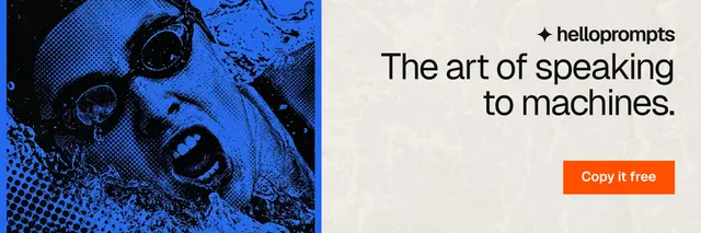 X header for HelloPrompts: "The art of speaking to machines." Swiss style, right layout, light palette in yellow, blue, white.