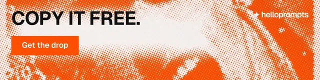 LinkedIn banner for HelloPrompts: "Copy it free." Swiss style, skeleton layout, light palette in orange, white.