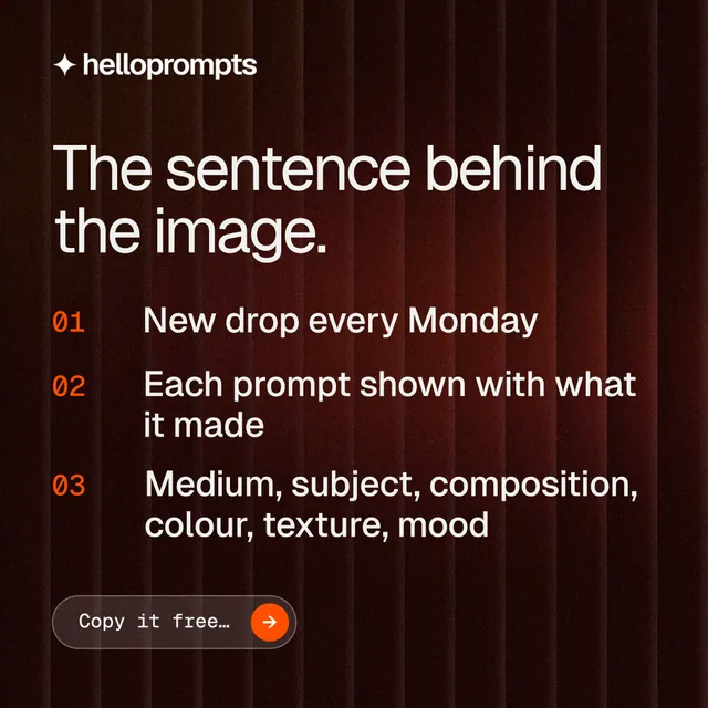Instagram post for HelloPrompts: "The sentence behind the image." Agentic glass style, numbered layout, dark palette in red, black.