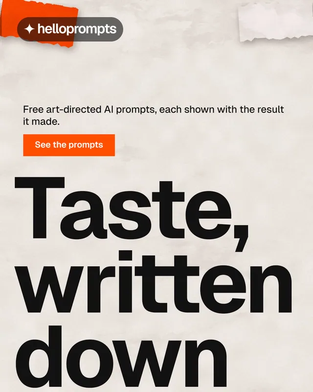 Instagram portrait post for HelloPrompts: "Every image starts as a sentence." Swiss style, oversized layout, light palette in orange, white.
