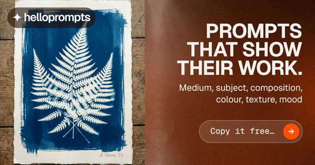 Social ad for HelloPrompts: "Prompts that show their work." Agentic glass style, right layout, dark palette in grey, orange, black.