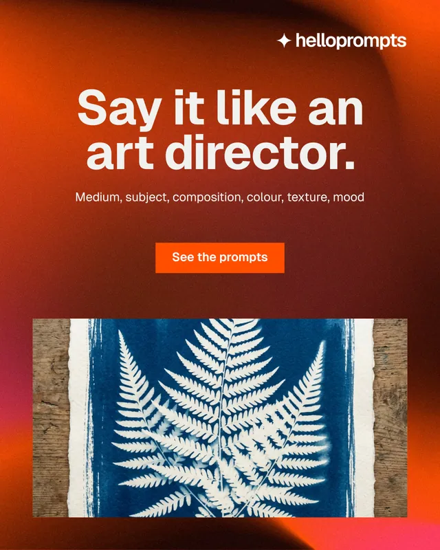 Instagram portrait post for HelloPrompts: "Say it like an art director." Swiss style, centred layout, dark palette in red, grey.