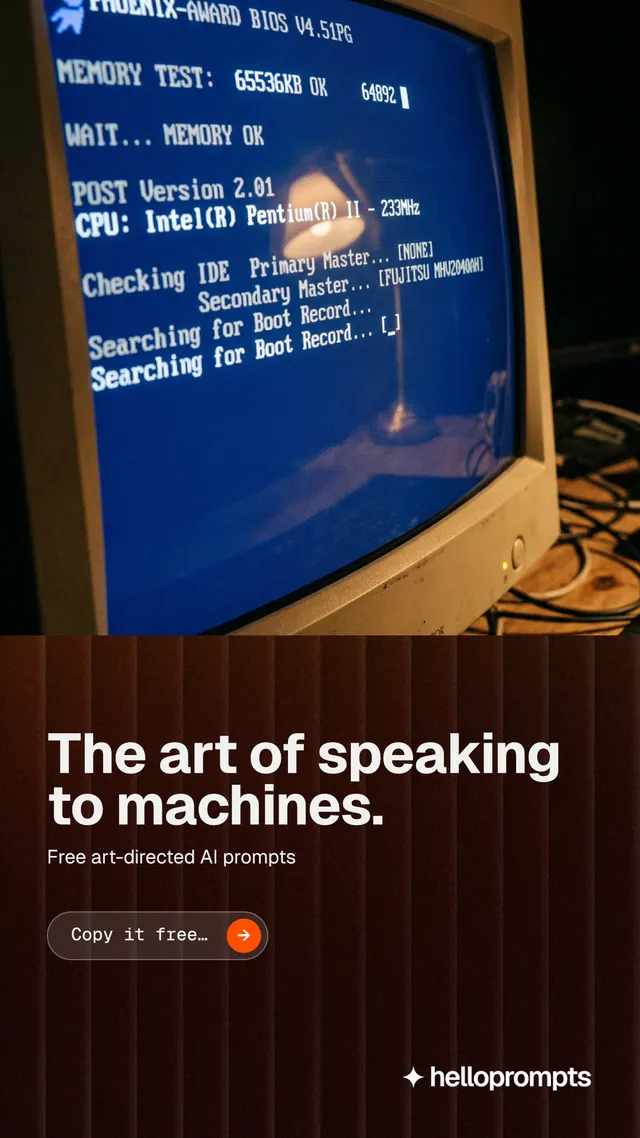 Instagram story for HelloPrompts: "The art of speaking to machines." Agentic glass style, bottom layout, dark palette in black, blue, grey.