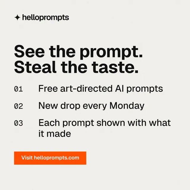 Instagram post for HelloPrompts: "See the prompt. Steal the taste." Swiss style, numbered layout, light palette in white, grey.