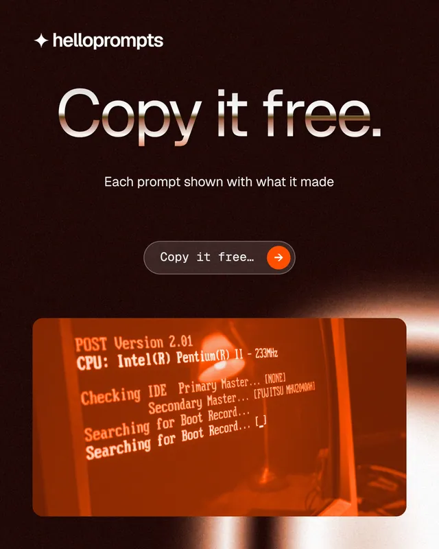 Instagram portrait post for HelloPrompts: "Copy it free." Agentic glass style, centred layout, dark palette in black, orange.