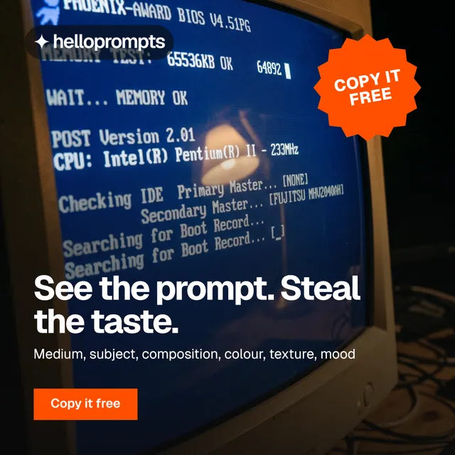 Instagram post for HelloPrompts: "See the prompt. Steal the taste." Swiss style, sticker layout, dark palette in blue, black, grey.