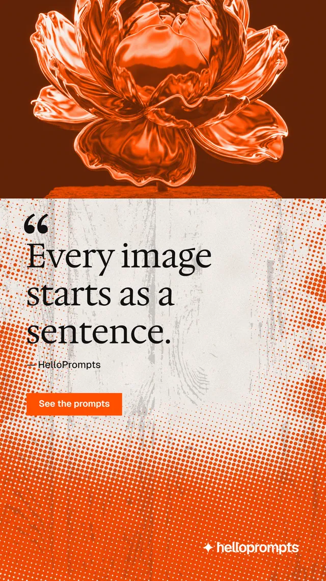 Instagram story for HelloPrompts: "Every image starts as a sentence." Retro print style, quote layout, light palette in orange.