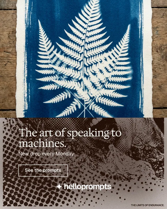 Instagram portrait post for HelloPrompts: "The art of speaking to machines." Editorial style, bottom layout, dark palette in grey, blue.