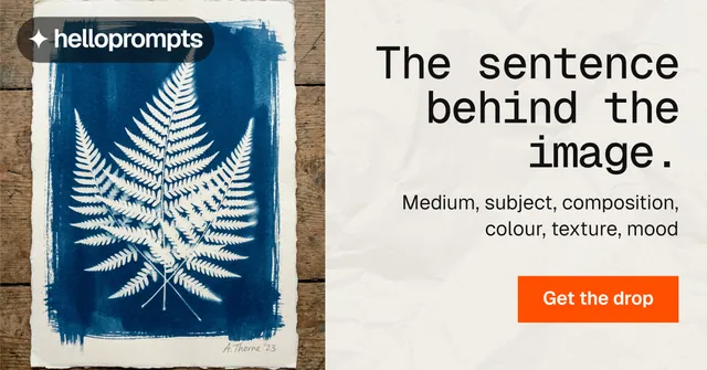 Social ad for HelloPrompts: "The sentence behind the image." Swiss style, right layout, light palette in yellow, grey, white.