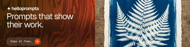 LinkedIn banner for HelloPrompts: "Prompts that show their work." Agentic glass style, bottom layout, dark palette in orange, grey, black.