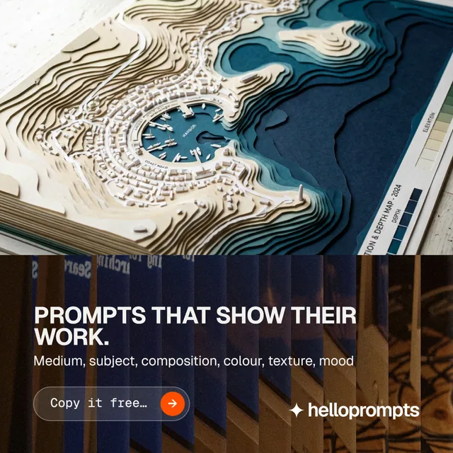 Instagram post for HelloPrompts: "Prompts that show their work." Agentic glass style, bottom layout, dark palette in grey, black, orange.