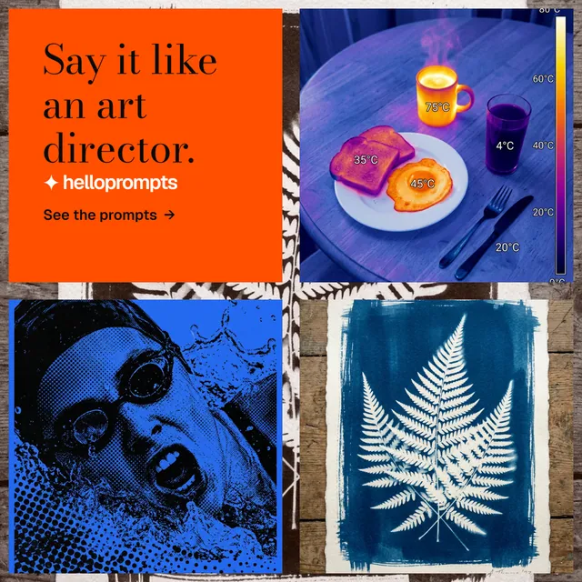 Instagram post for HelloPrompts: "Say it like an art director." Minimal luxury style, collage layout, dark palette in blue, red, grey.