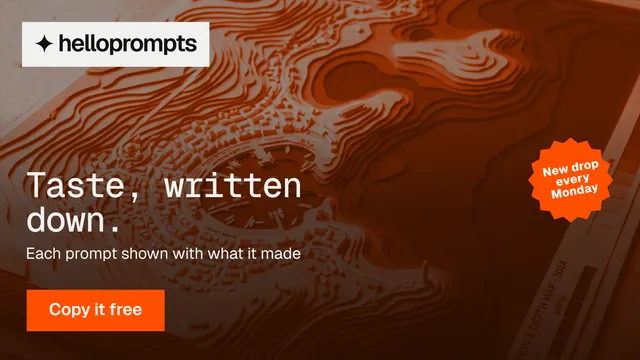 Landscape graphic for HelloPrompts: "Taste, written down." Swiss style, sticker layout, dark palette in orange, brown.