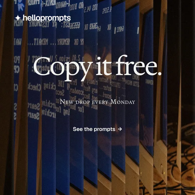 Instagram post for HelloPrompts: "Copy it free." Agentic glass style, smallcaps layout, dark palette in black, orange, grey.