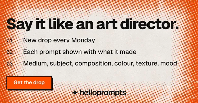 Social ad for HelloPrompts: "Say it like an art director." Brutalist style, numbered layout, light palette in orange.