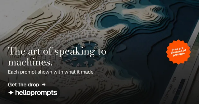Social ad for HelloPrompts: "The art of speaking to machines." Minimal luxury style, sticker layout, dark palette in black, grey.
