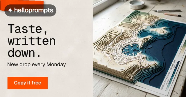 Social ad for HelloPrompts: "Taste, written down." Swiss style, bottom layout, light palette in orange, grey, white.