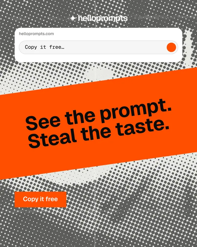 Instagram portrait post for HelloPrompts: "See the prompt. Steal the taste." Swiss style, diagonal layout, light palette in orange, grey, brown.