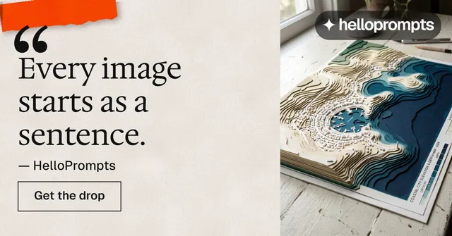 Social ad for HelloPrompts: "Every image starts as a sentence." Editorial style, quote layout, light palette in orange, grey.
