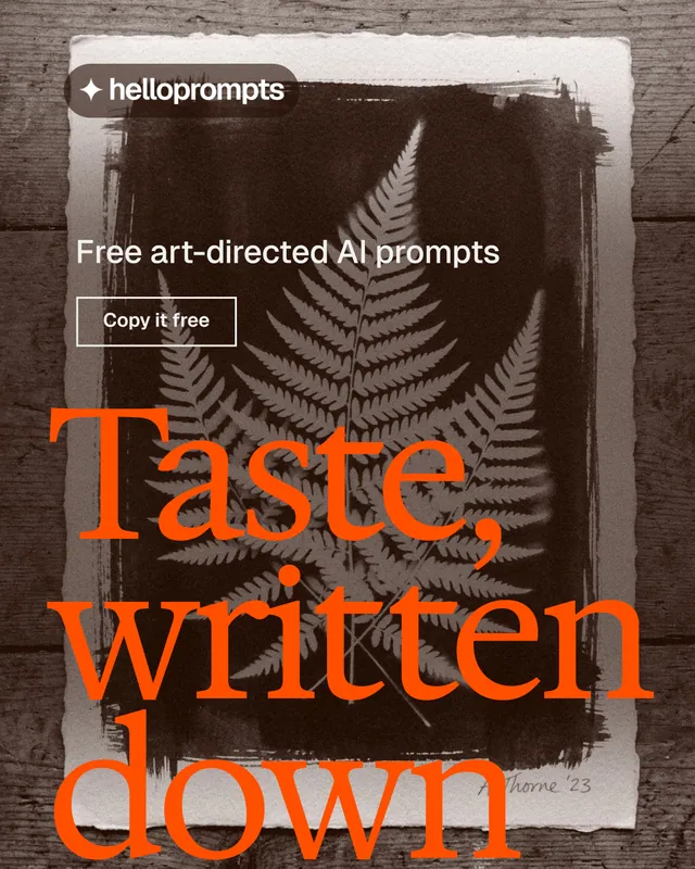 Instagram portrait post for HelloPrompts: "Taste, written down." Editorial style, oversized layout, dark palette in orange, grey, brown.