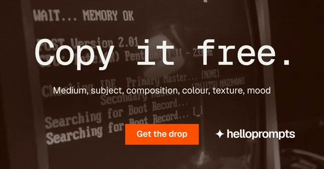 Social ad for HelloPrompts: "Copy it free." Swiss style, centred layout, dark palette in orange, black.