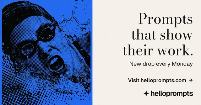 Social ad for HelloPrompts: "Prompts that show their work." Minimal luxury style, right layout, light palette in white, blue.