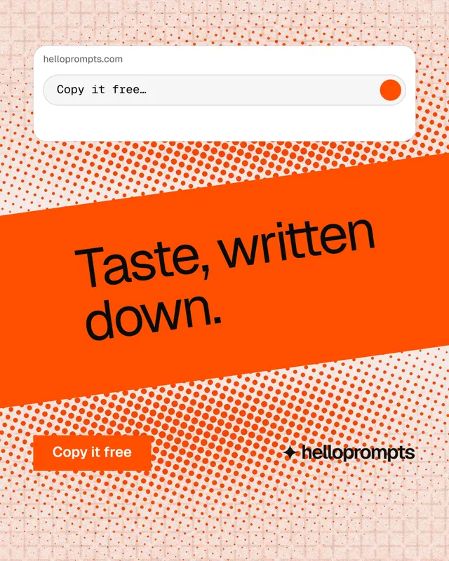Instagram portrait post for HelloPrompts: "Taste, written down." Swiss style, diagonal layout, light palette in orange, white.