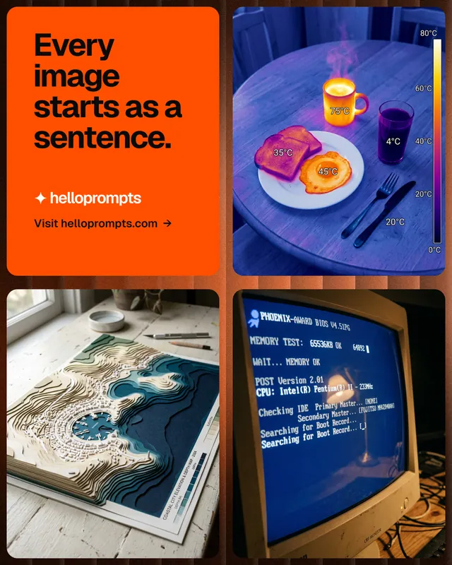 Instagram portrait post for HelloPrompts: "Every image starts as a sentence." Agentic glass style, collage layout, dark palette in blue, red, grey.