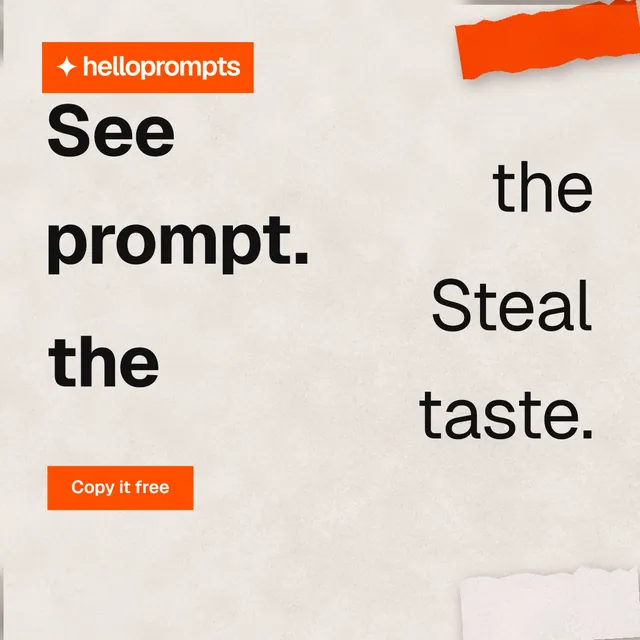 Instagram post for HelloPrompts: "See the prompt. Steal the taste." Swiss style, stacked layout, light palette in orange.